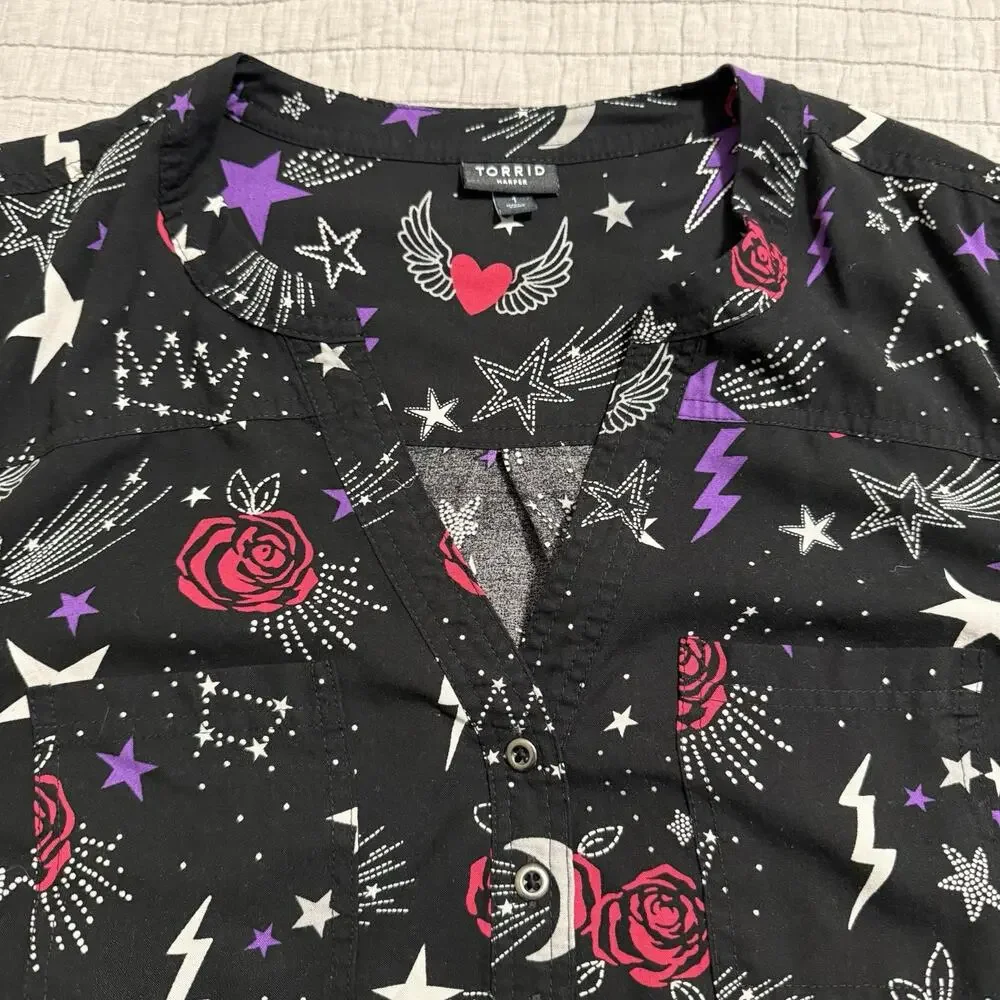 Torrid Harper Challis 3/4 Sleeve Blouse Queen Celestial Black Size 1x 14-16 - Picture 3 of 8